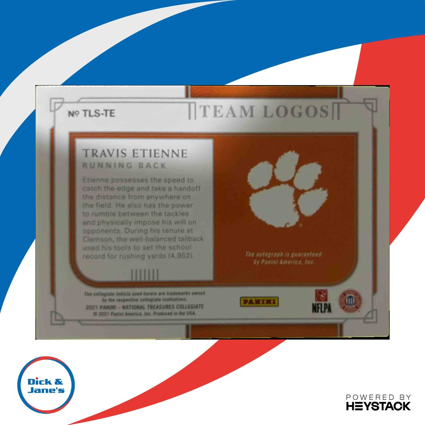 2021 National Treasures Travis Etienne Team Logo Signatures 5/25 Auto RC Clemson - Sports Cards