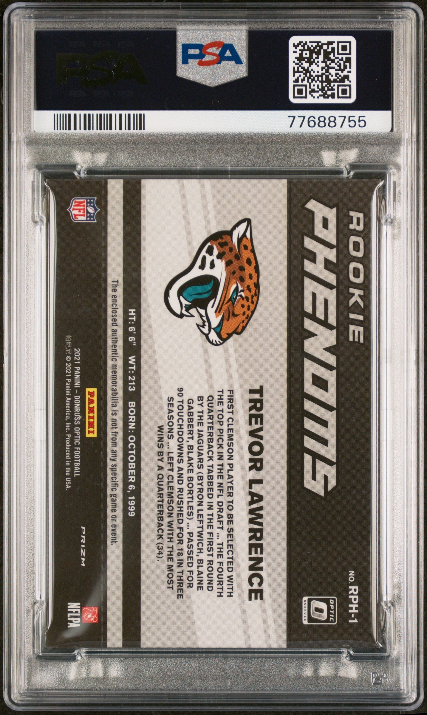 2021 Optic Rookie Phenoms Memorabilia Trevor Lawrence Blue Hyper #RPH1 PSA 10 - Graded Sports Cards