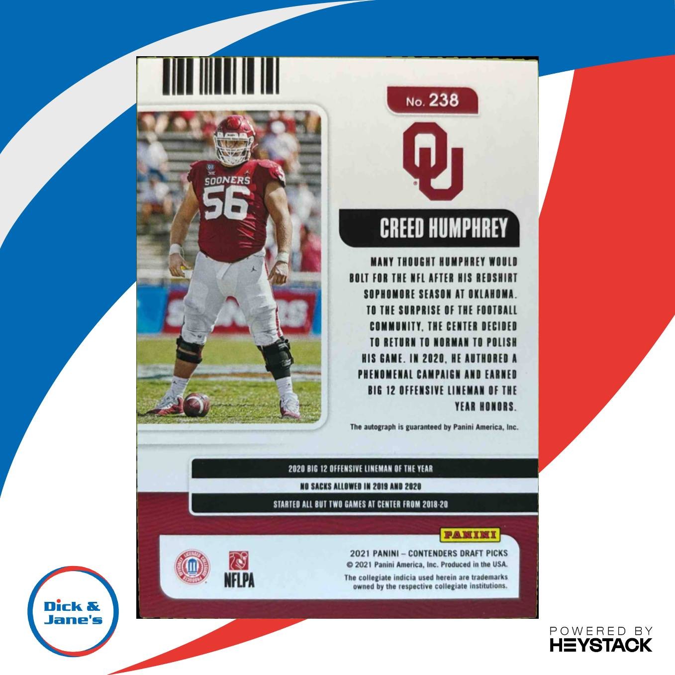 2021 Panini Contenders Draft Picks Creed Humphrey #238 RC Auto Oklahoma Sooners - Sports Cards