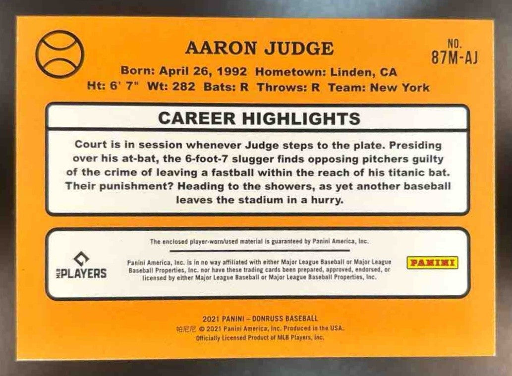 2021 Panini Donruss Aaron Judge Retro 1987 Materials MEM New York Yankees - Sports Cards