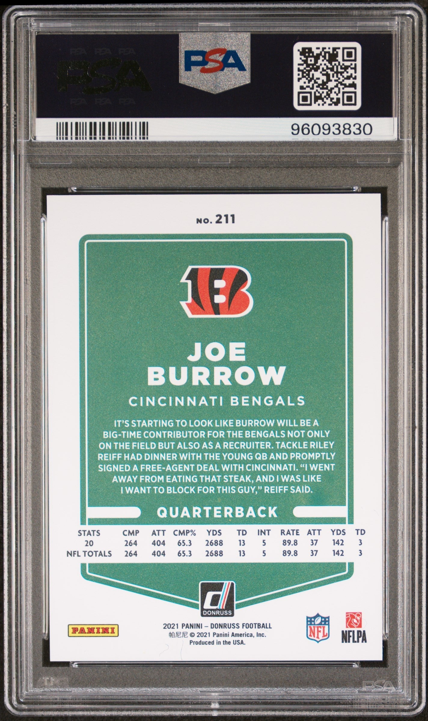 2021 Panini Donruss Joe Burrow Var Press Proof Premium #211 PSA 10 - Graded Sports Cards