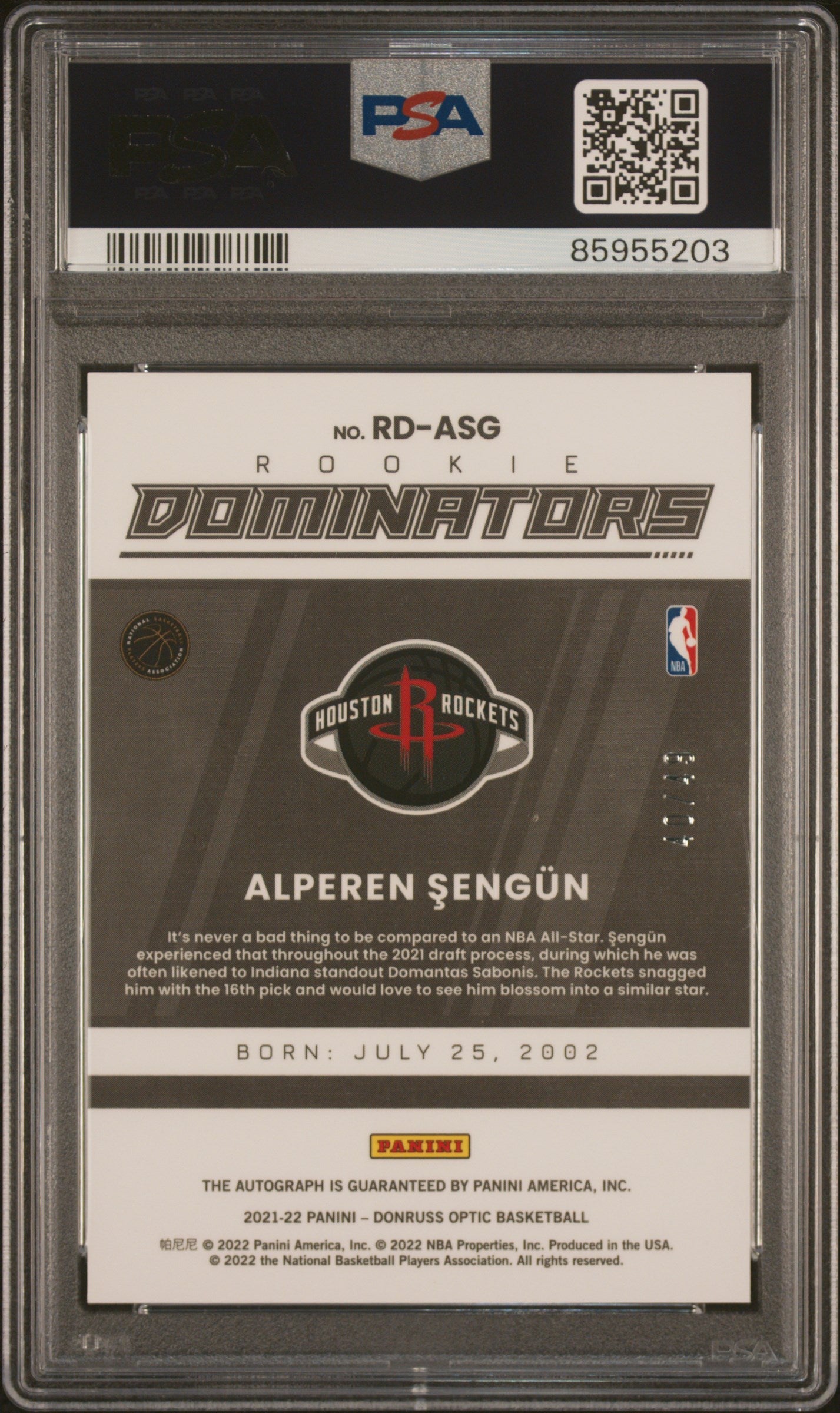 2021 Panini Donruss Optic Rookie Dominators Signatures Alperen Sengun SIG PSA 10 - Graded Sports Cards