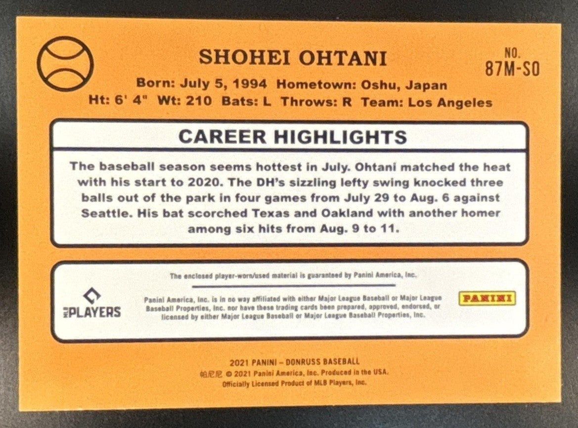2021 Panini Donruss Shohei Ohtani Retro 1987 Materials MEM Los Angeles Angels - Sports Cards