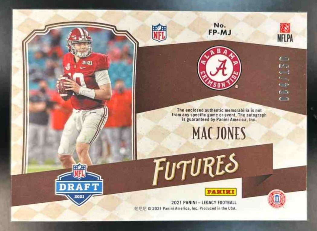 2021 Panini Legacy Mac Jones Futures Patch Auto Silver /150 RC Crimson Tide - Sports Cards