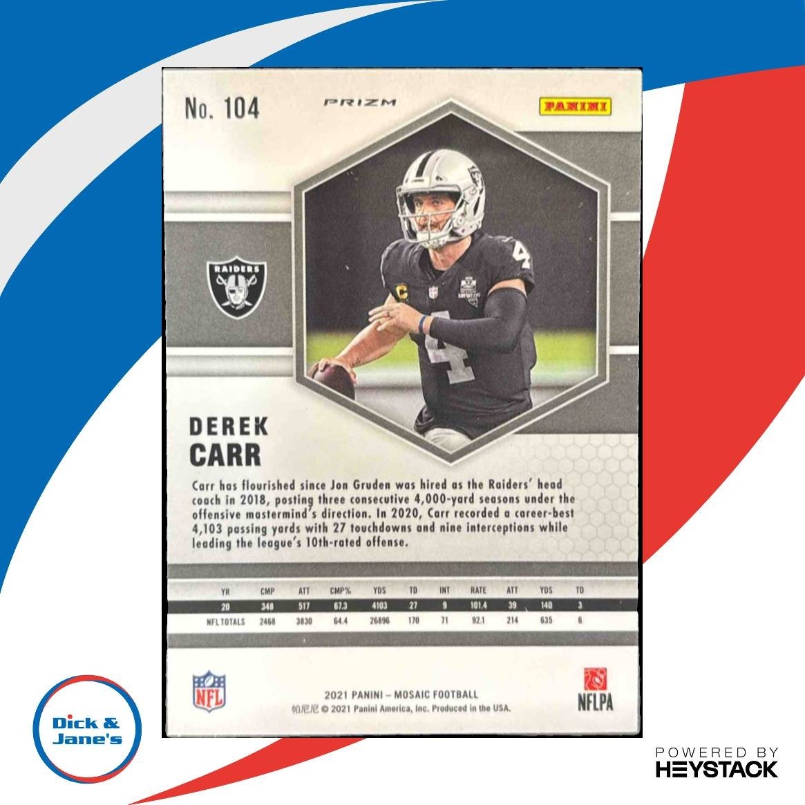 2021 Panini Mosaic Derek Carr Honeycomb #104 Las Vegas Raiders - Sports Cards