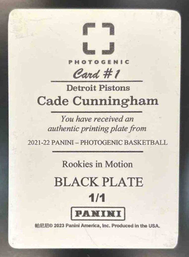 2021 Panini Photogenic Rookie In Motion Printing Plate Black 1/1 CADE CUNNINGHAM - Sports Cards