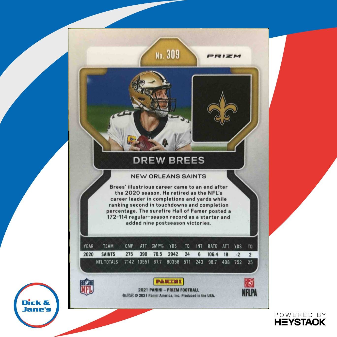 2021 Panini Prizm Drew Brees Black and White Checker #309 New Orleans Saints - Sports Cards