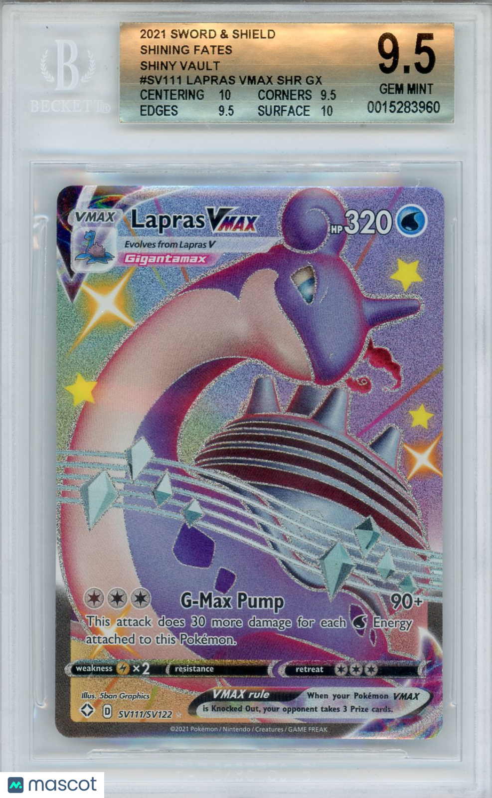 2021 Pokemon Shining Fates Shiny Vault Lapras VMAX SHR #SV111 BGS 9.5 - Graded Sports Cards