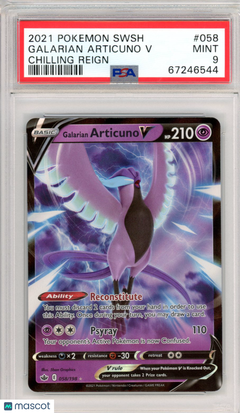 2021 Pokemon Sword & Shield Chilling Reign Galarian Articuno V #058 PSA 9 - Graded TCG/CCG