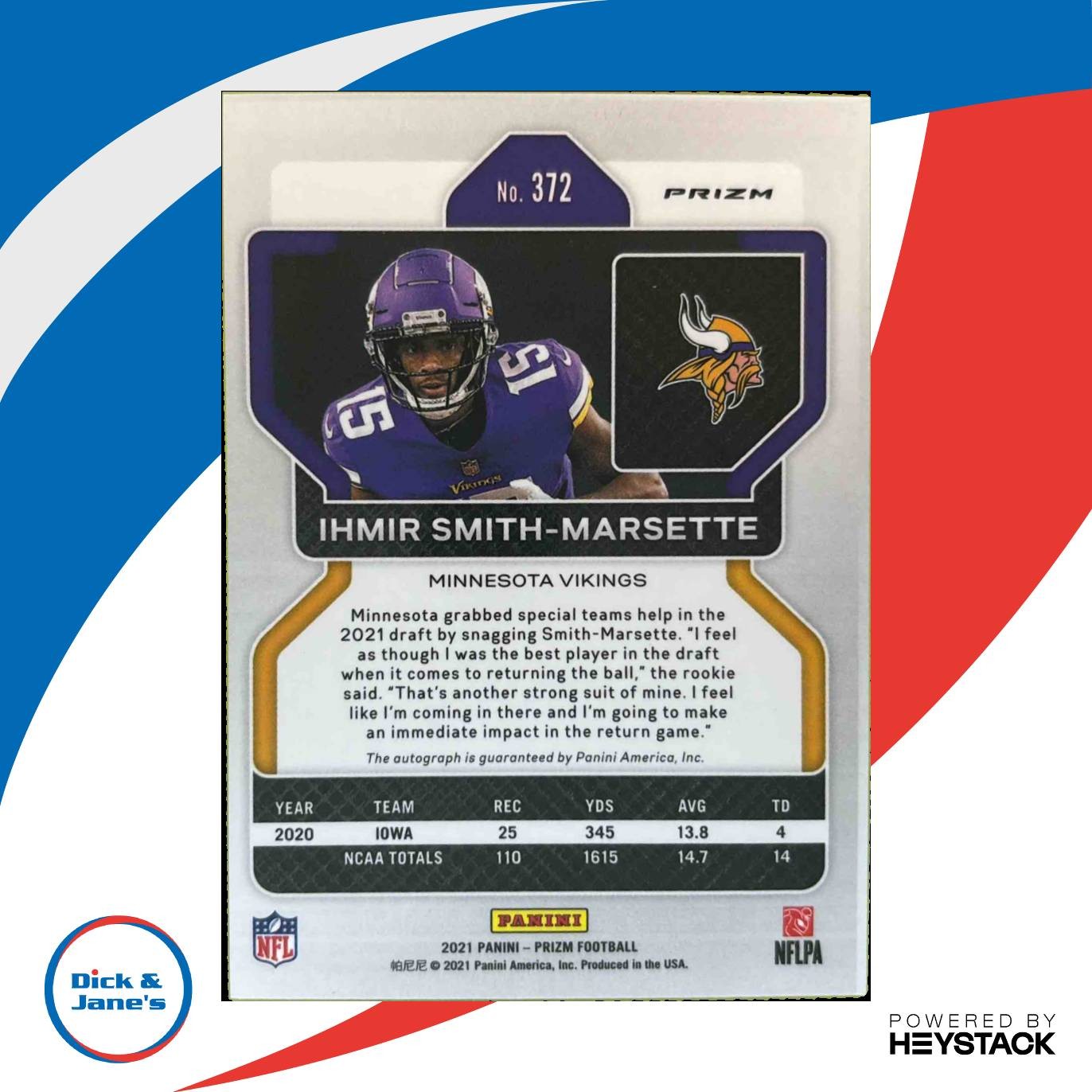 2021 Prizm Ihmir Smith-Marsette Rookie Auto Silver #372 RC Minnesota Vikings - Sports Cards