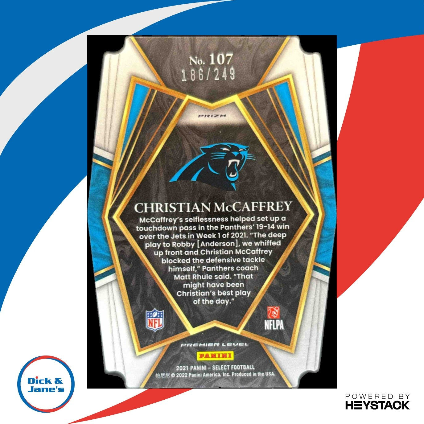 2021 Select Christian McCaffrey Orange Prizm Die Cut /249 Carolina Panthers - Sports Cards