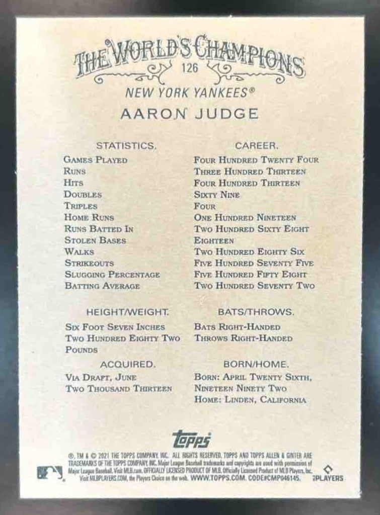 2021 Topps Allen & Ginter Aaron Judge #126 New York Yankees - Sports Cards