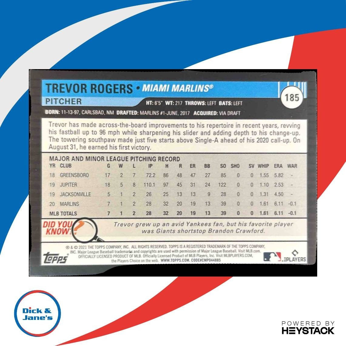 2021 Topps Big League Trevor Rogers Green Foil /75 #185 RC Miami Marlins - Sports Cards