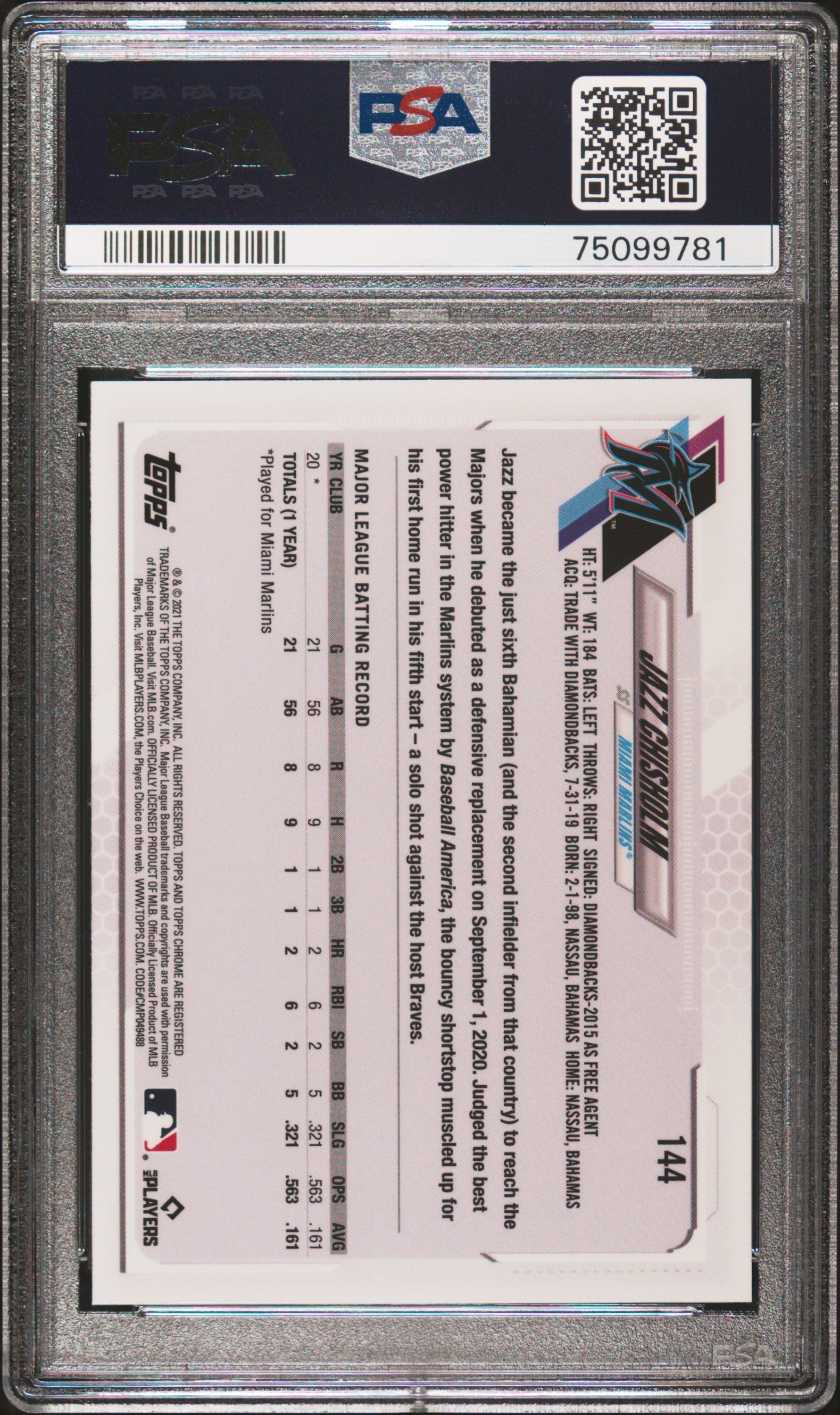 2021 Topps Chrome Jazz Chisholm #144 PSA 10 - Graded Sports Cards