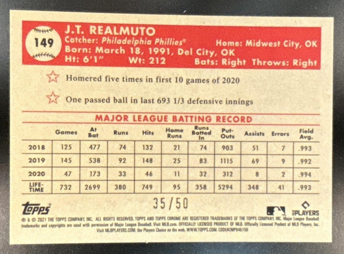 2021 Topps Chrome Platinum Anniversary J.T. Realmuto Gold/Rose Gold /50 #149 - Sports Cards