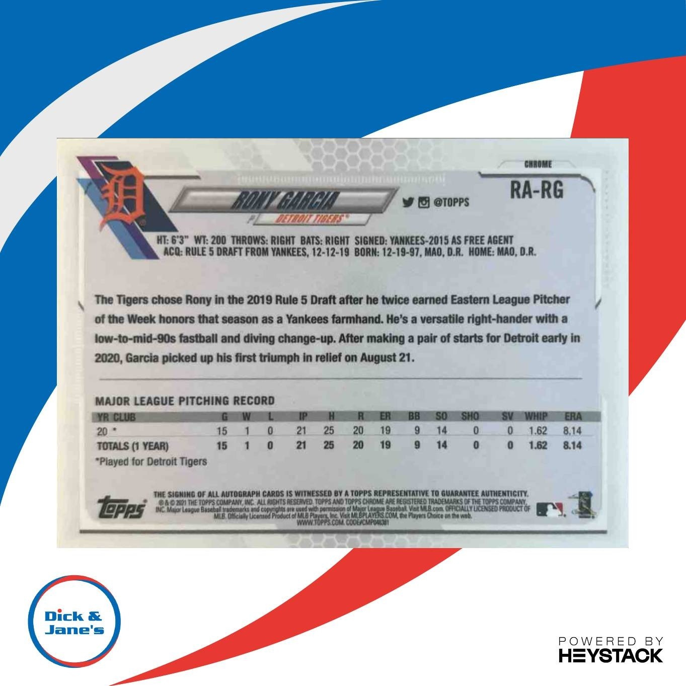 2021 Topps Chrome Rony Garcia Rookie Auto #RA-RG RC Detroit Tigers - Sports Cards