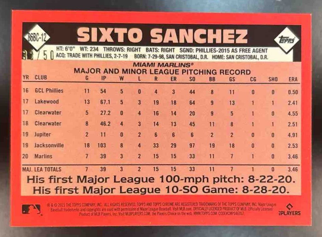 2021 Topps Chrome Sixto Sanchez 1986 Baseball Gold /50 #86BC-12 RC Miami Marlins - Sports Cards