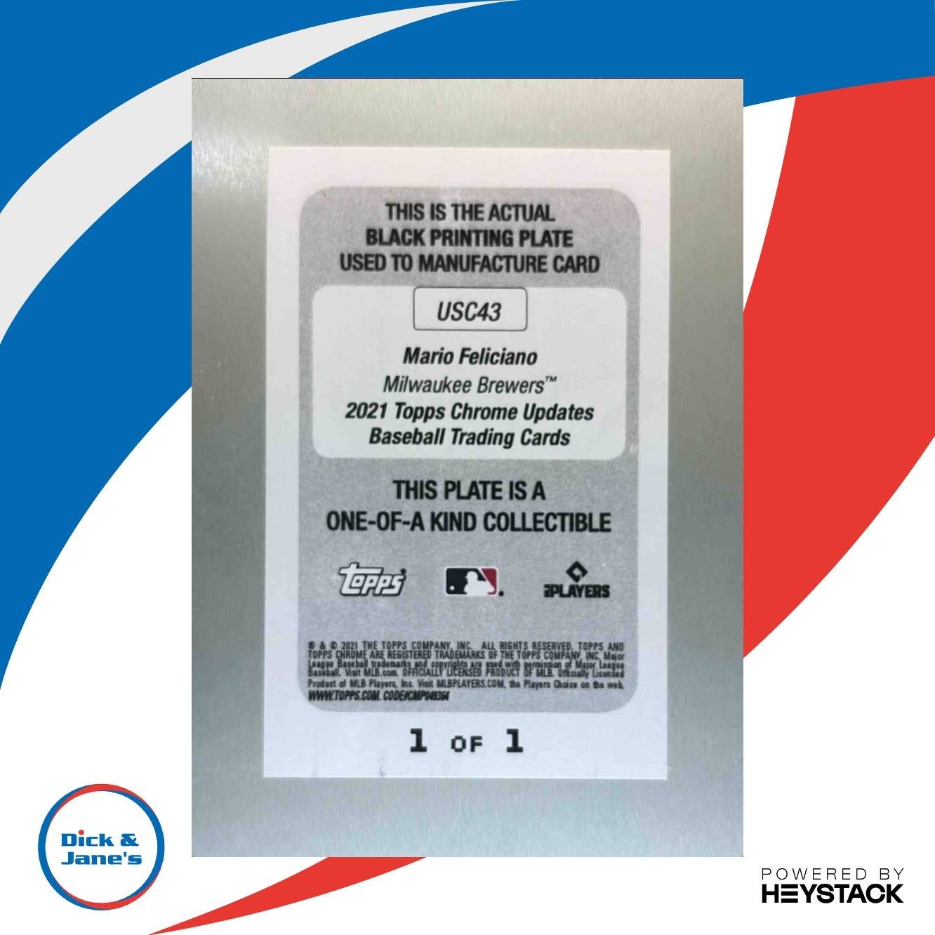 2021 Topps Chrome Update Mario Feliciano Printing Plate Black 1/1 #USC43 Brewers - Sports Cards