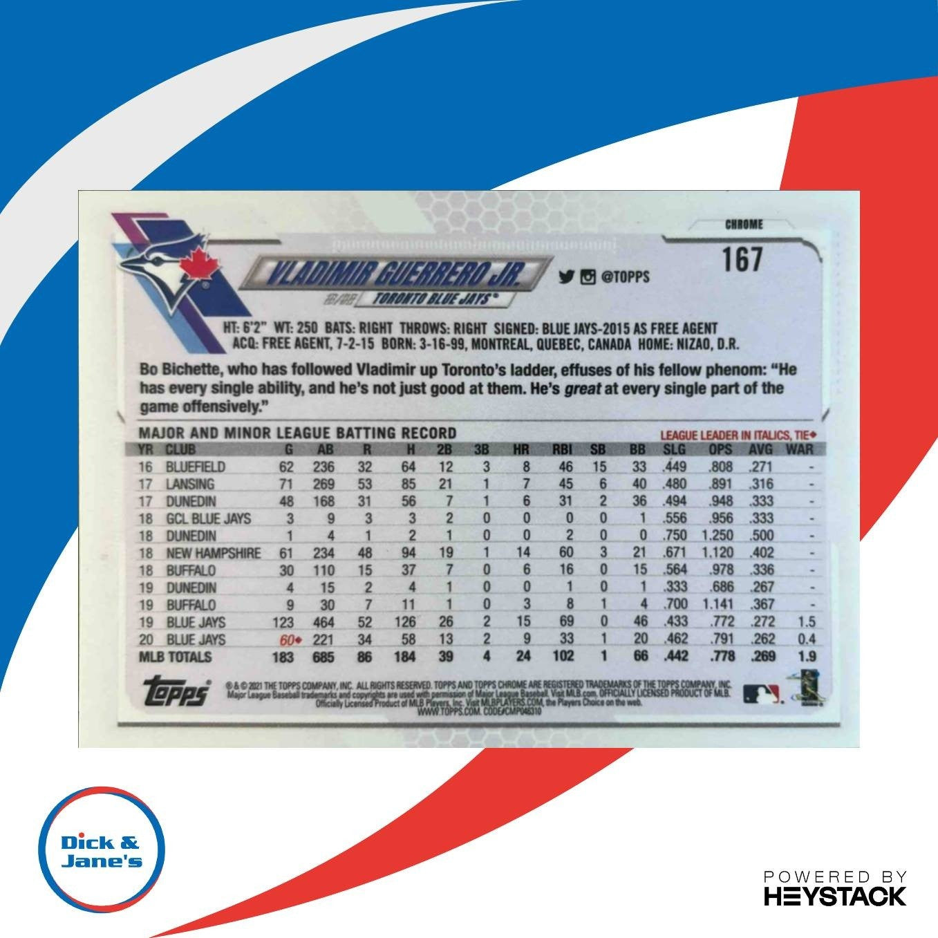 2021 Topps Chrome Vladimir Guerrero Jr. Prism Refractor #167 Toronto Blue Jays - Sports Cards