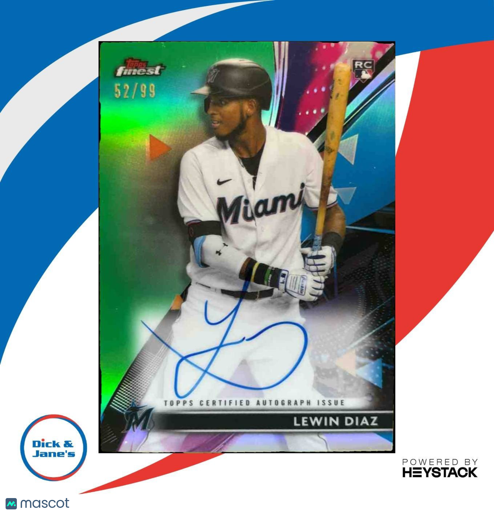 2021 Topps Finest Lewin Diaz Auto Green Refractor 52/99 #FA-LD RC Miami Marlins - Sports Cards