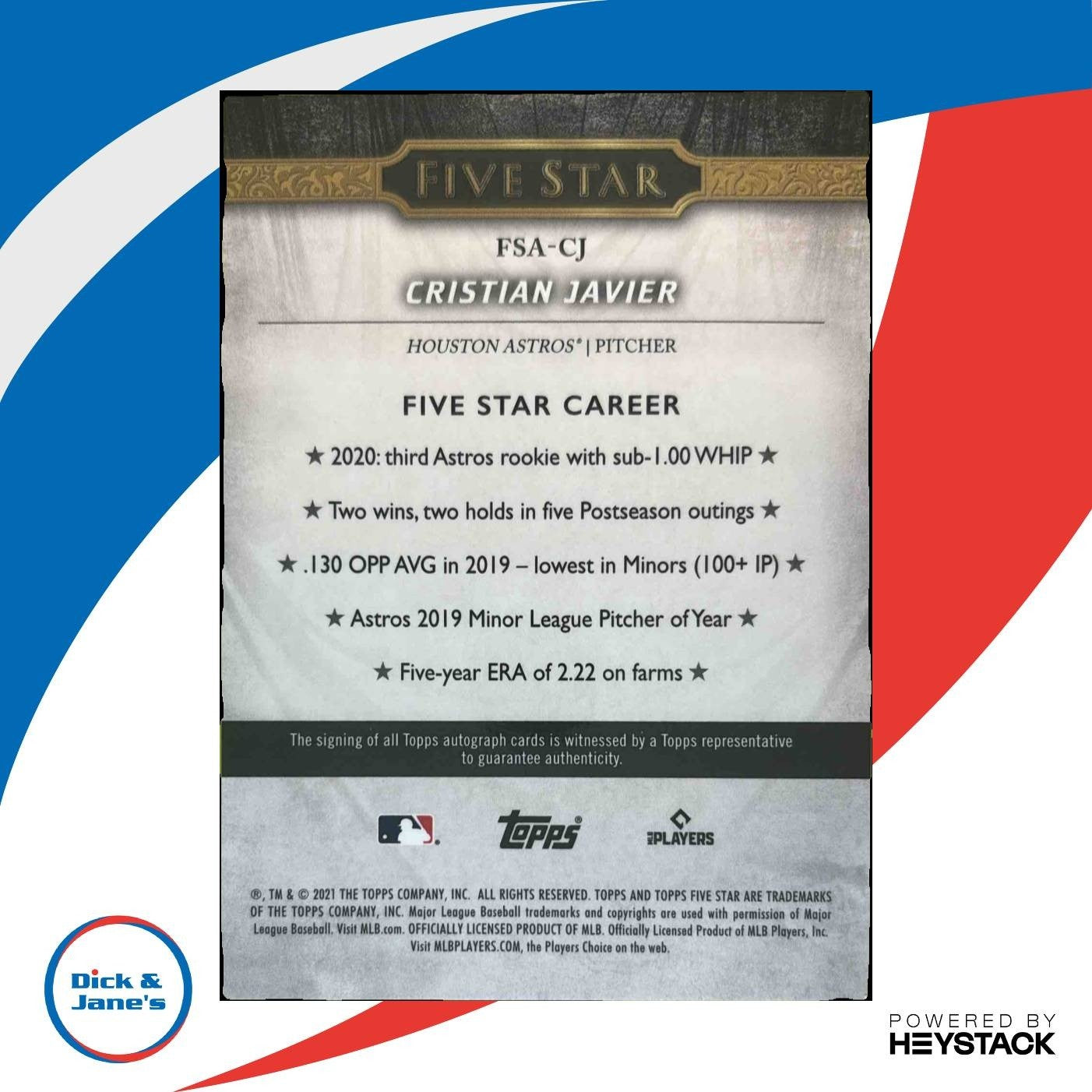 2021 Topps Five Star Cristian Javier #FSA-CJ RC Auto Houston Astros - Sports Cards