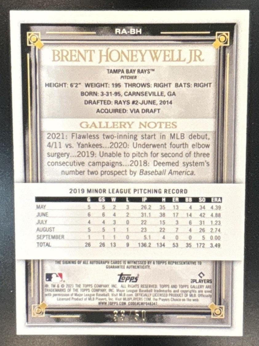 2021 Topps Gallery Brent Honeywell Jr. Rookies Auto /50 RC Tampa Bay Rays - Sports Cards