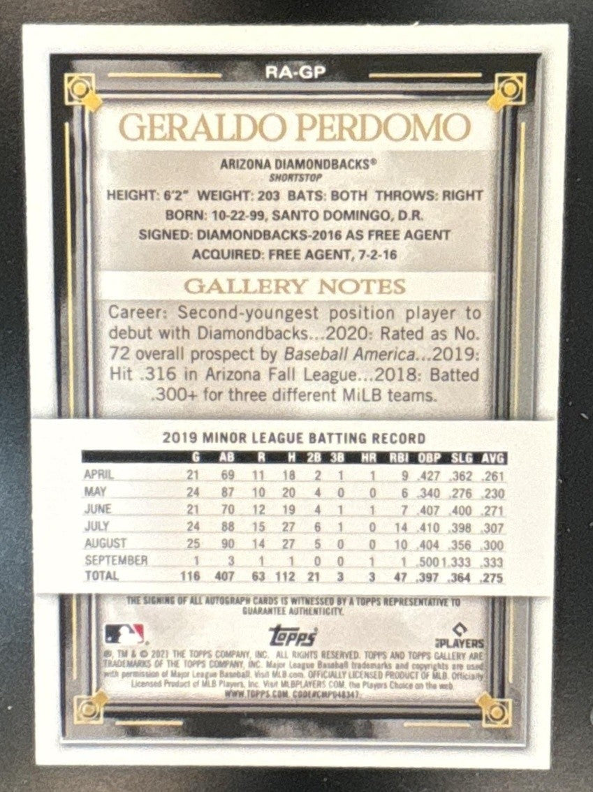 2021 Topps Gallery Geraldo Perdomo Rookies Auto #RA-GP RC Arizona Diamondbacks - Sports Cards