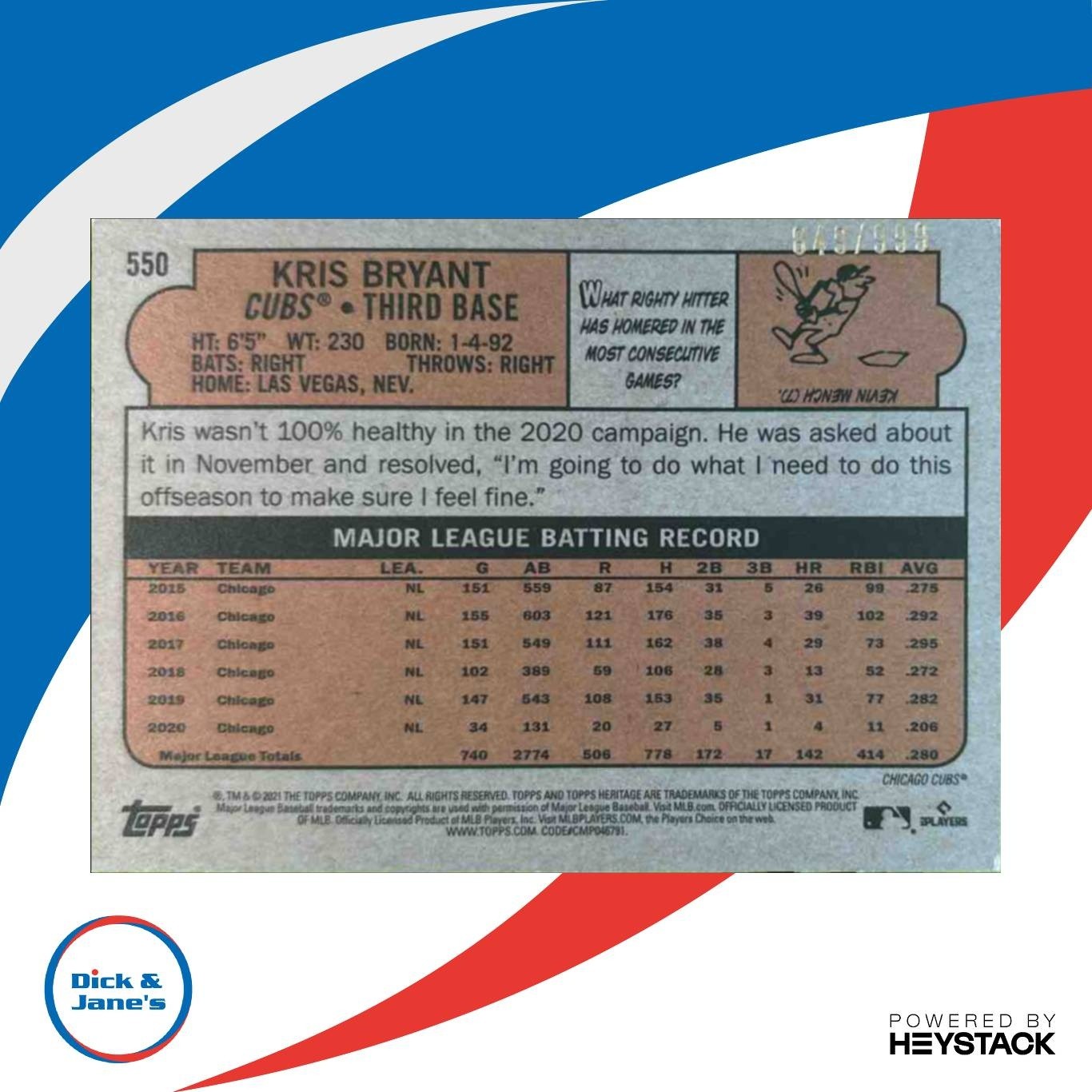 2021 Topps Heritage Kris Bryant Chrome 849/999 #550 Chicago Cubs - Sports Cards