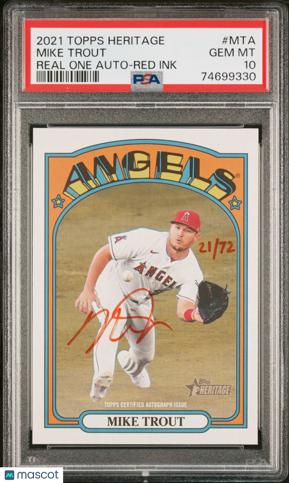 2021 Topps Heritage Real One Autographs Mike Trout Red Ink 21/72 PSA 10 GEM MINT Graded Sports Cards