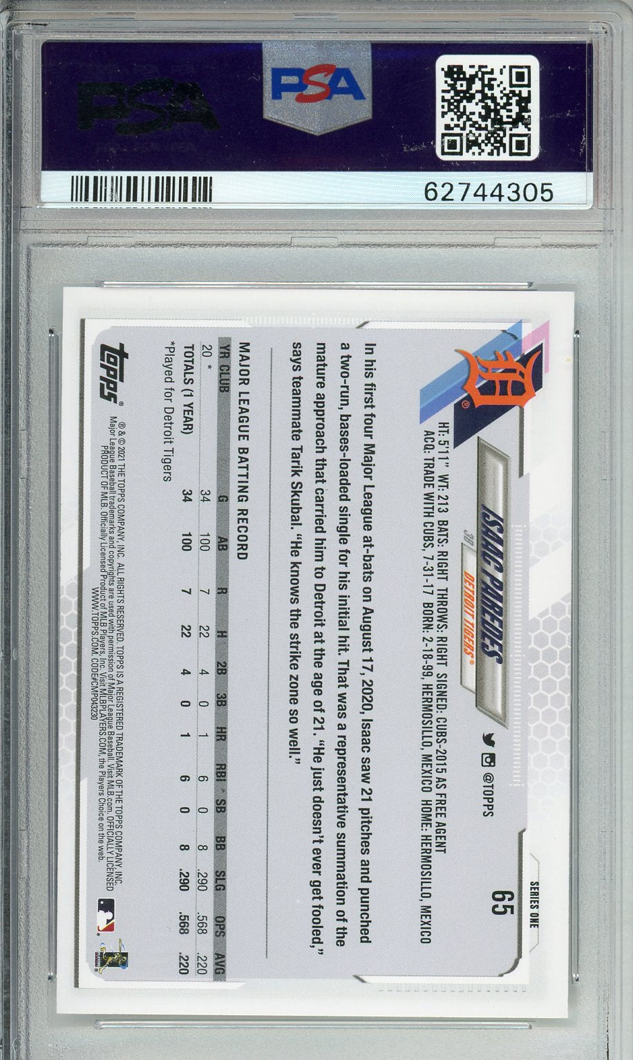 2021 Topps Isaac Paredes SP #65 PSA 9 MINT Short Print - Graded Sports Cards