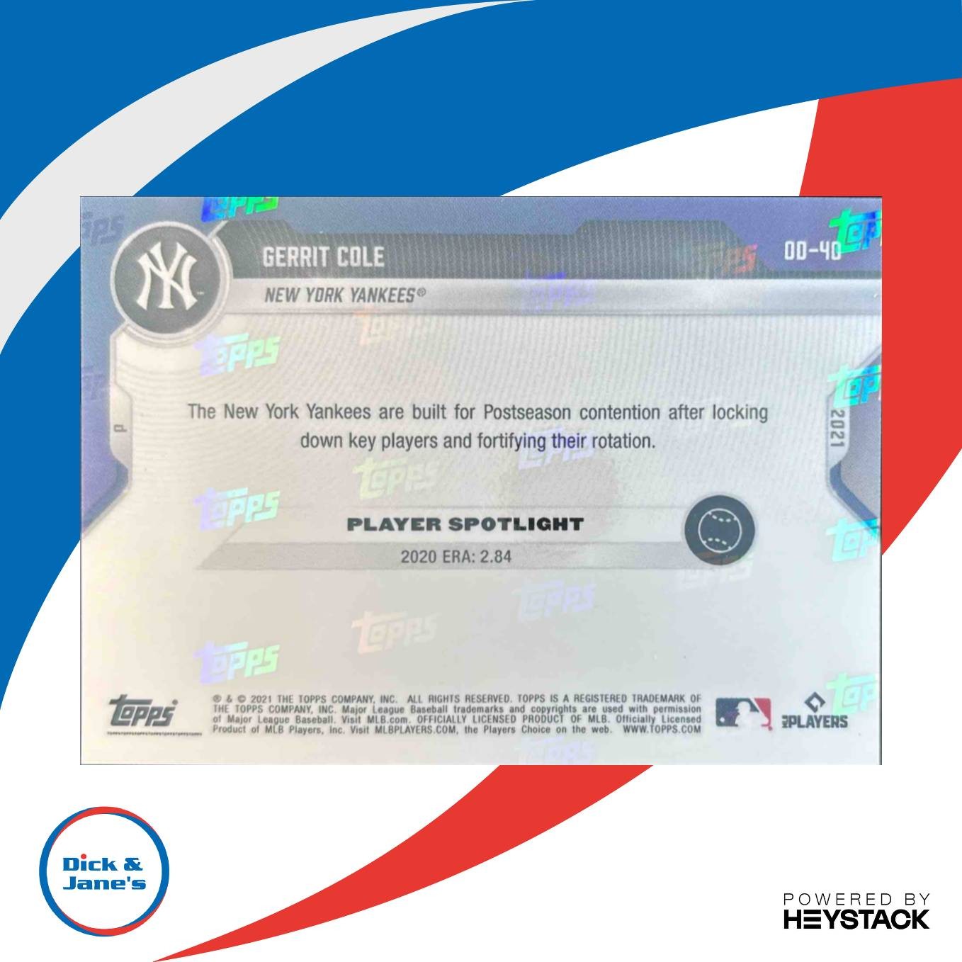 2021 Topps Now Road to Opening Day New York Yankees Gerrit Cole Blue /49 #OD-40 - Sports Cards