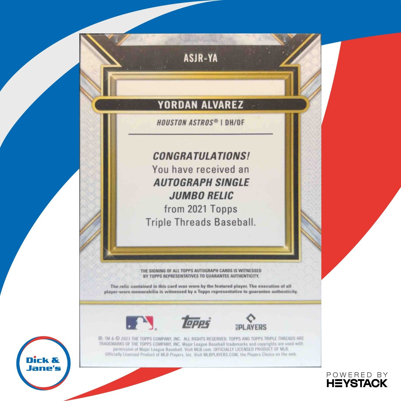 2021 Topps Triple Threads Yordan Alvarez Single Jumbo Relics Auto Emerald 48/50 - Sports Cards