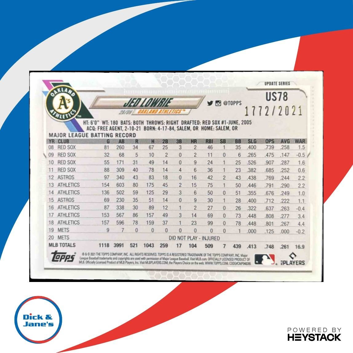 2021 Topps Update Jed Lowrie Gold /2021 #US78 Oakland Athletics - Sports Cards