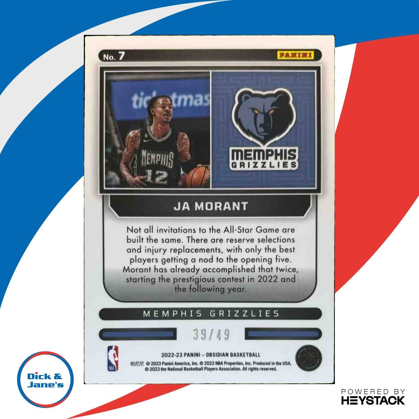 2022-23 Panini Obsidian Ja Morant Supernova Purple Flood /49 Memphis Grizzlies - Sports Cards