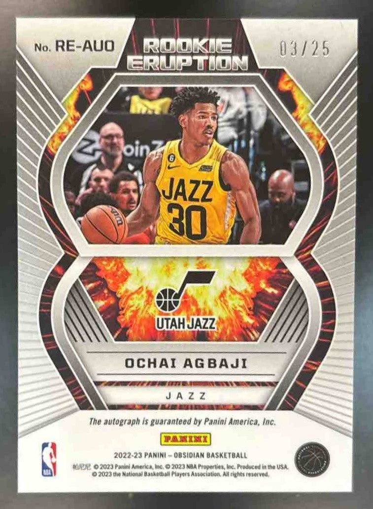 2022-23 Panini Obsidian Ochai Agbaji Rookie Eruption Auto Green /25 RC Jazz - Sports Cards