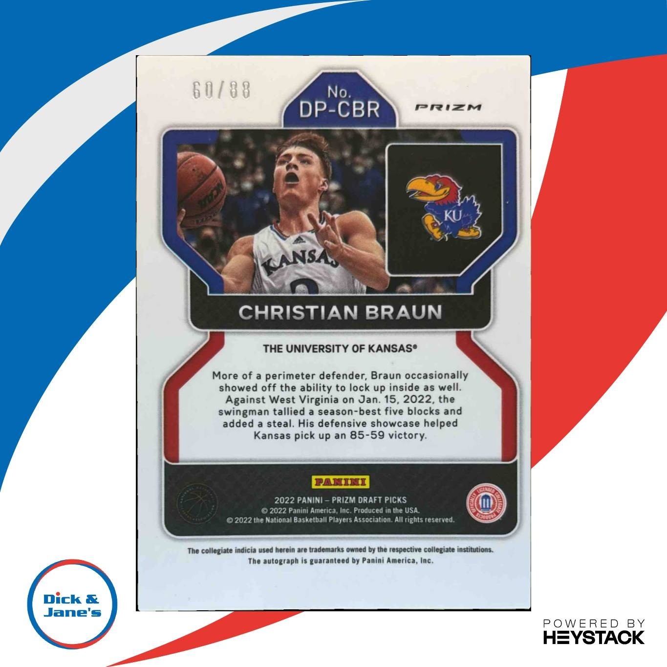 2022-23 Panini Prizm Draft Christian Braun Auto Prizm Red /88 RC Jayhawks - Sports Cards