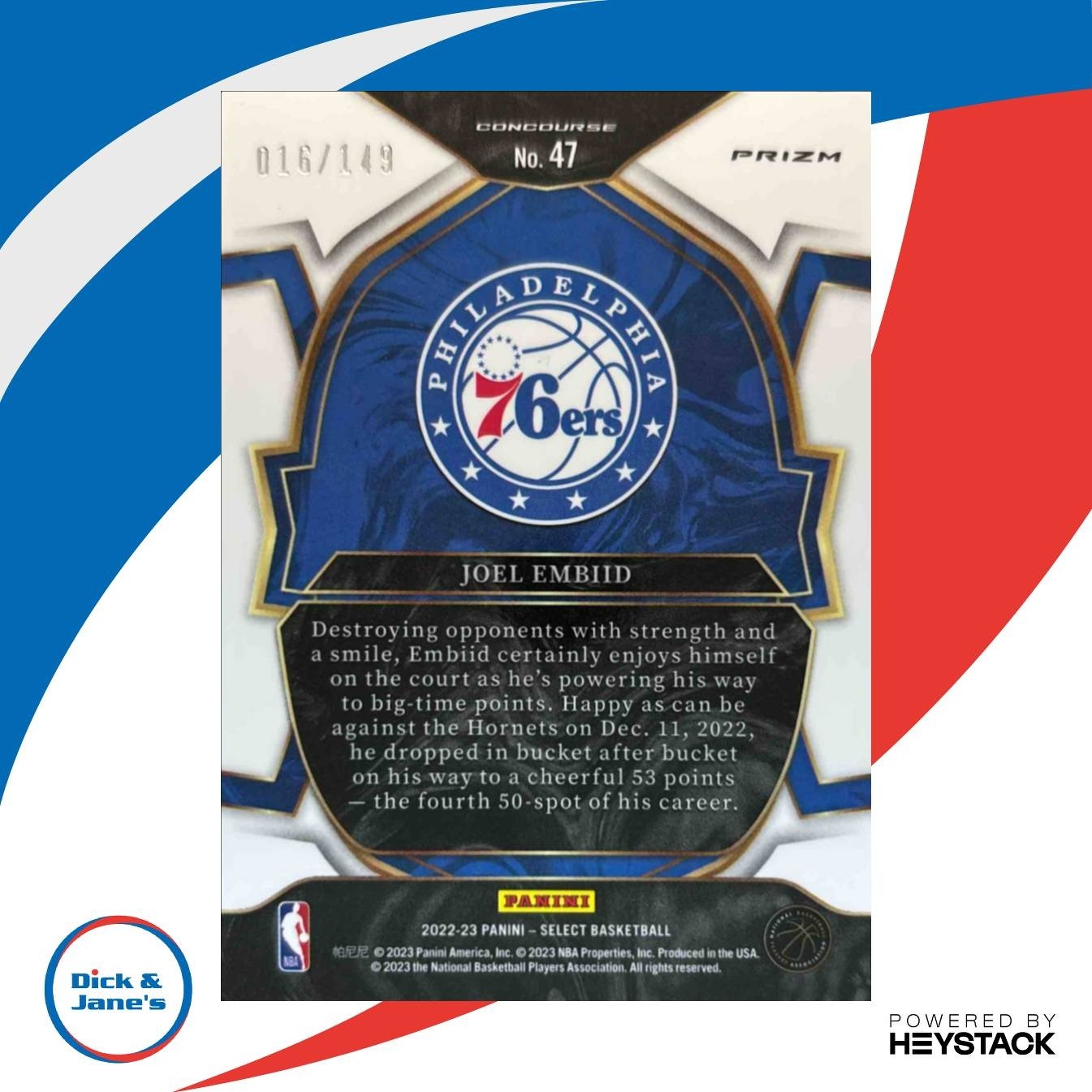 2022-23 Panini Select Joel Embiid White Prizms 16/149 #47 Concourse 76ers - Sports Cards