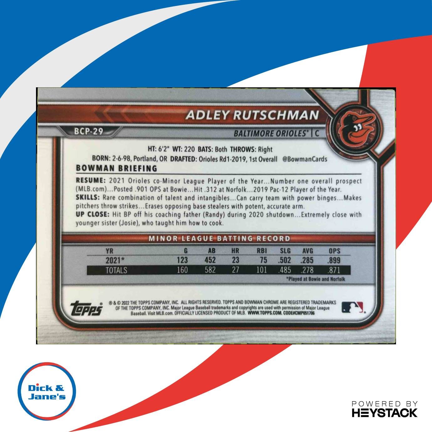 2022 Bowman Adley Rutschman Chrome Prospects Fuchsia Refractor /199 #BCP-29 - Sports Cards