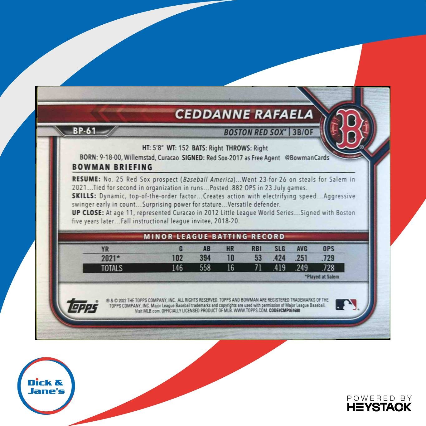 2022 Bowman Ceddanne Rafaela Prospects Purple 134/250 #BP-61 Boston Red Sox - Sports Cards