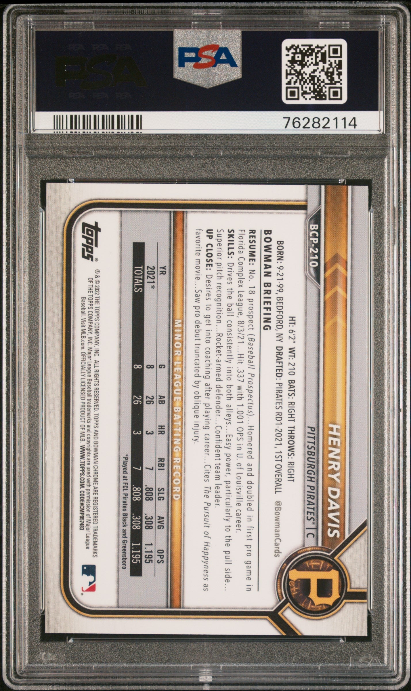 2022 Bowman Chrome Sapphire Edition Prospects Henry Davis #BCP210 PSA 10 Pirates - Graded Sports Cards