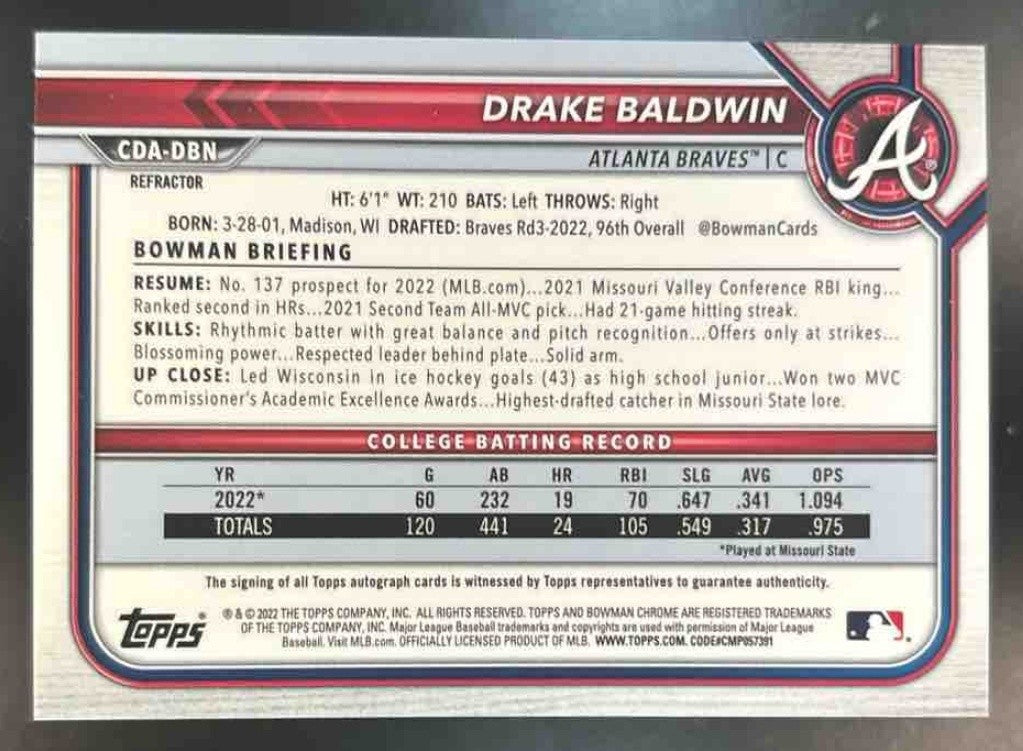2022 Bowman Draft Drake Baldwin Chrome Pick Auto Refractor /499 Atlanta Braves - Sports Cards