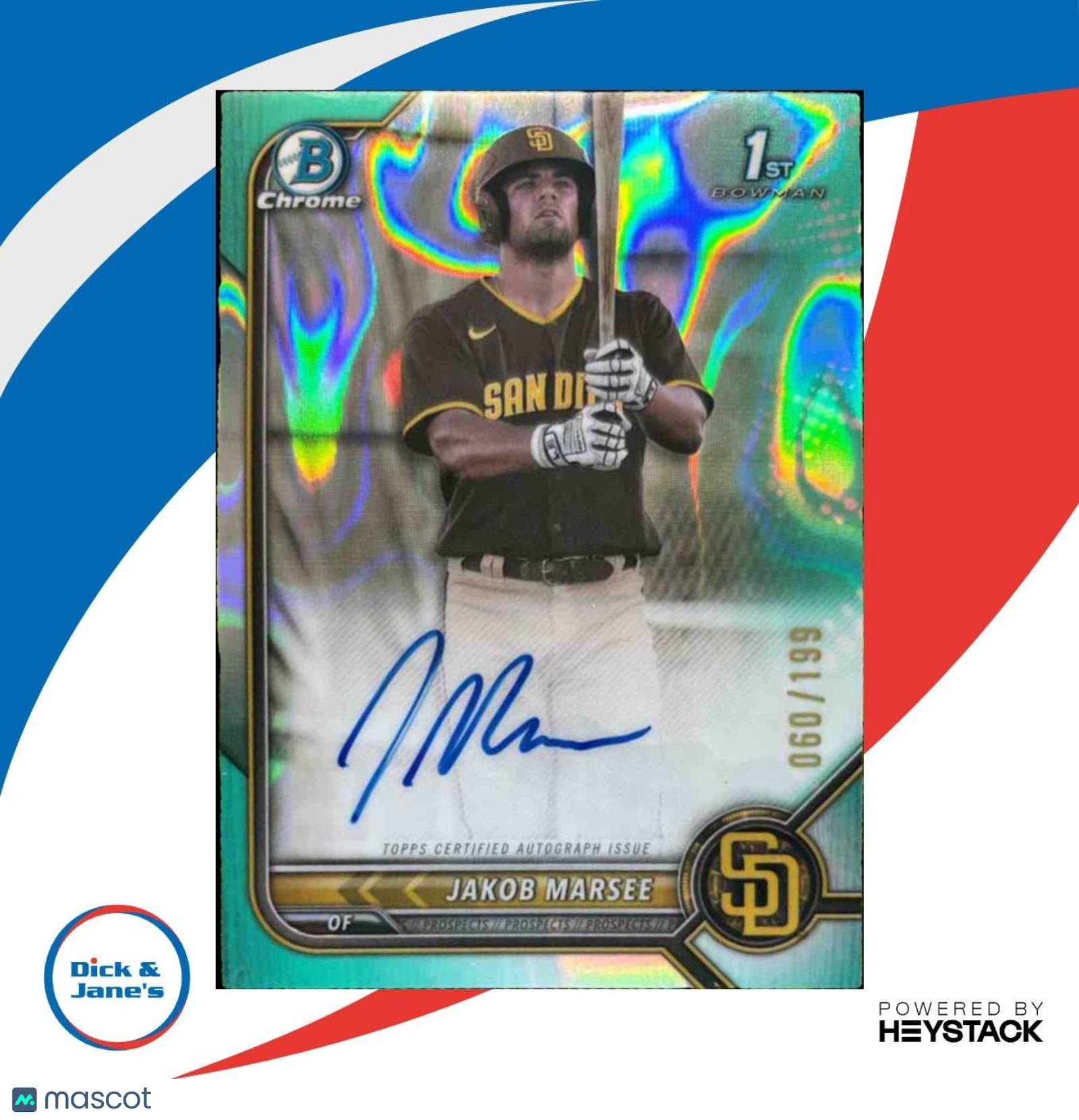 2022 Bowman Draft Jakob Marsee Chrome Pick Auto Aqua /199 1st Prospect Padres - Sports Cards