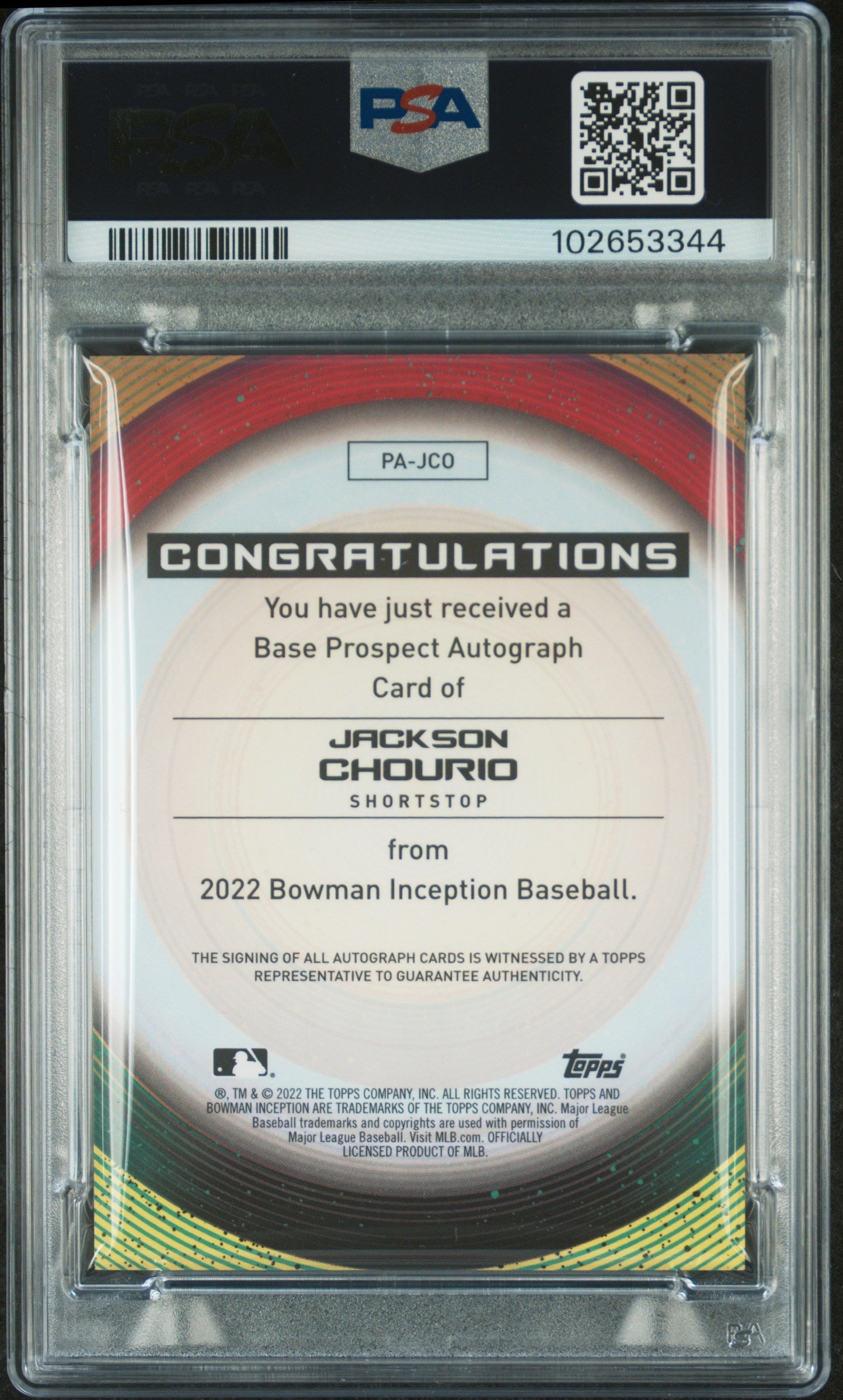 2022 Bowman Inception Auto Jackson Chourio GLD Pattern II /50 #PAJCO PSA 10 - Graded Sports Cards