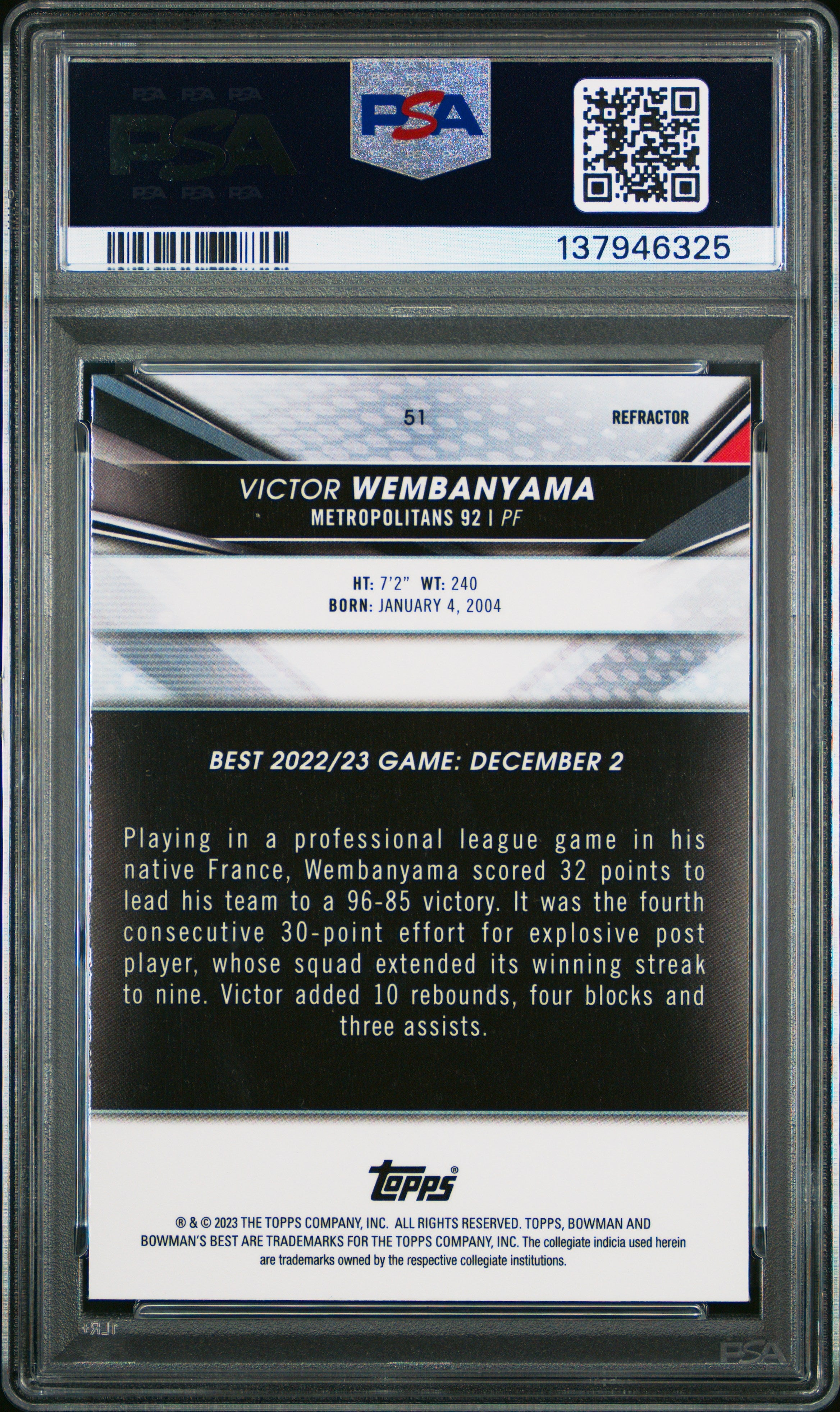 2022 Bowman University Best Victor Wembanyama Refractor #51 PSA 10 - Graded Sports Cards