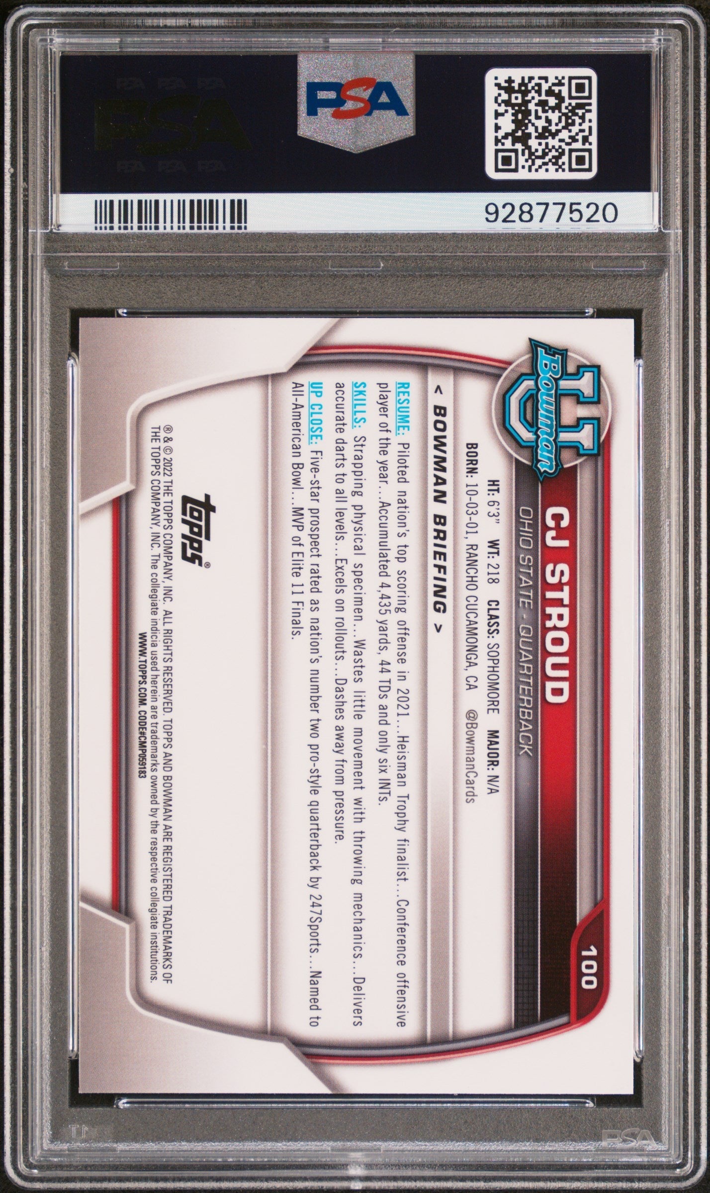 2022 Bowman University Chrome Prospects CJ Stroud #100 PSA 9 - Graded Sports Cards