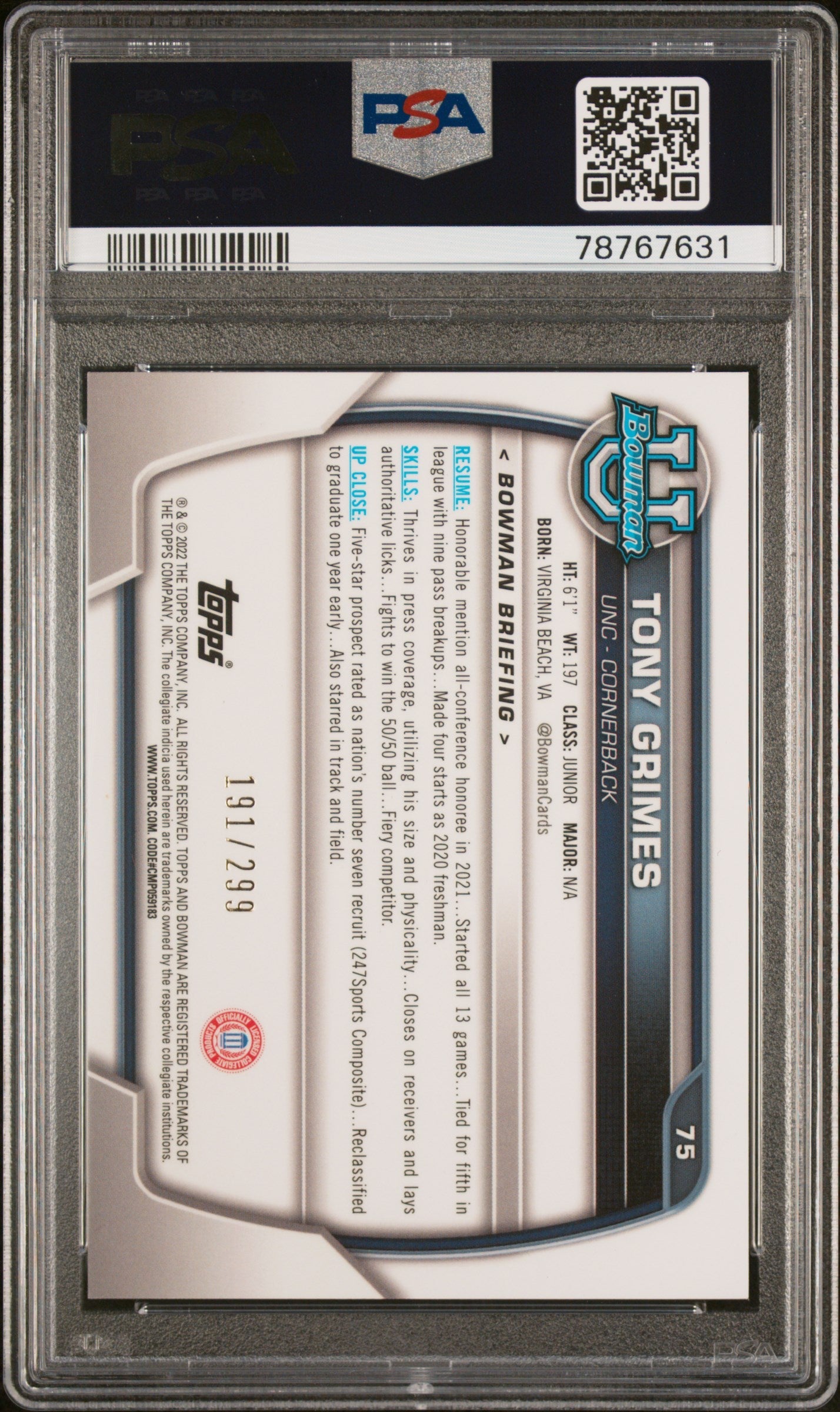 2022 Bowman University Chrome Prospects Tony Grimes Aqua Wave Ref #75 PSA 10 GEM - Graded Sports Cards