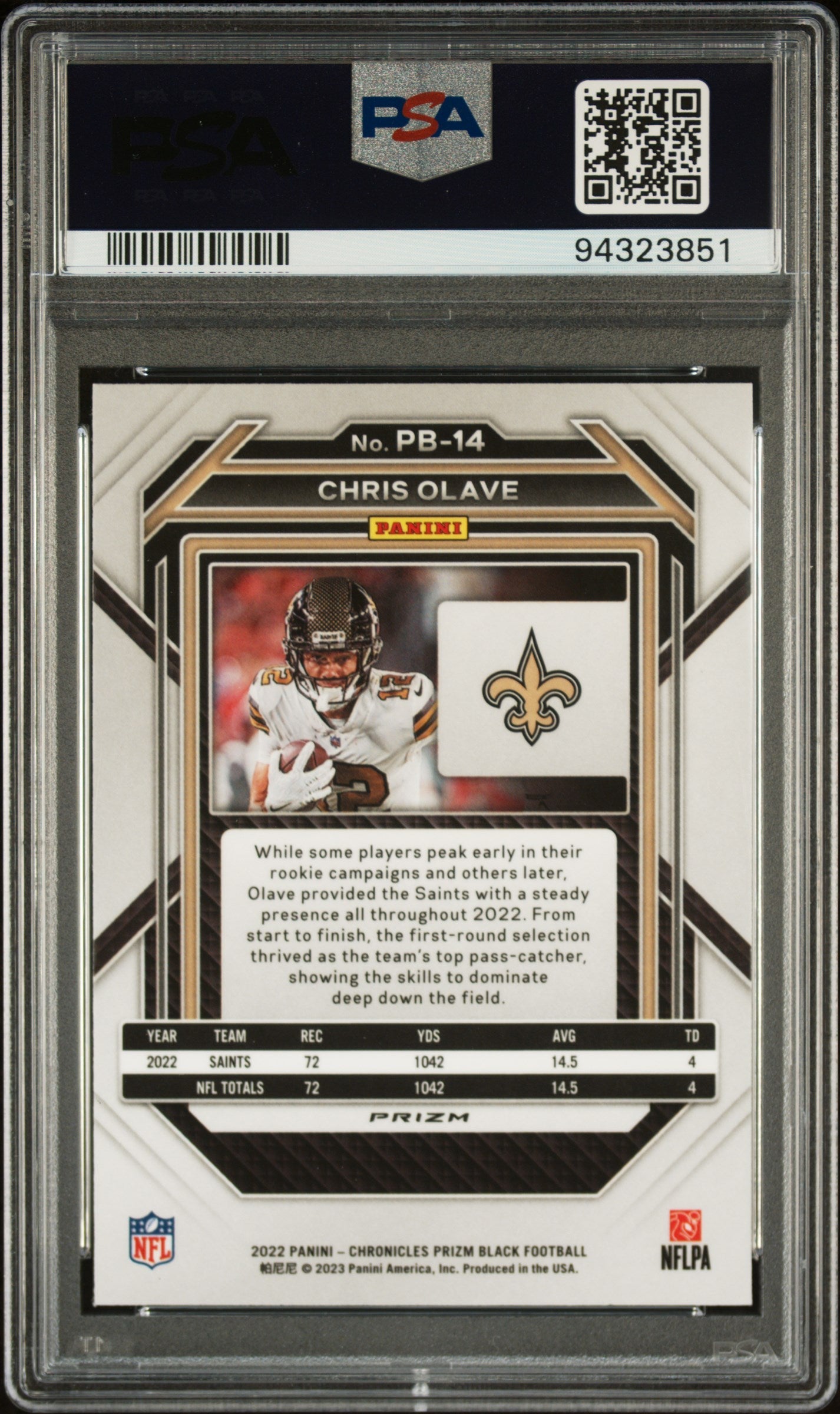 2022 Chronicles Prizm Black Chris Olave Silver Rookie PSA 10 Baltimore Ravens - Graded Sports Cards