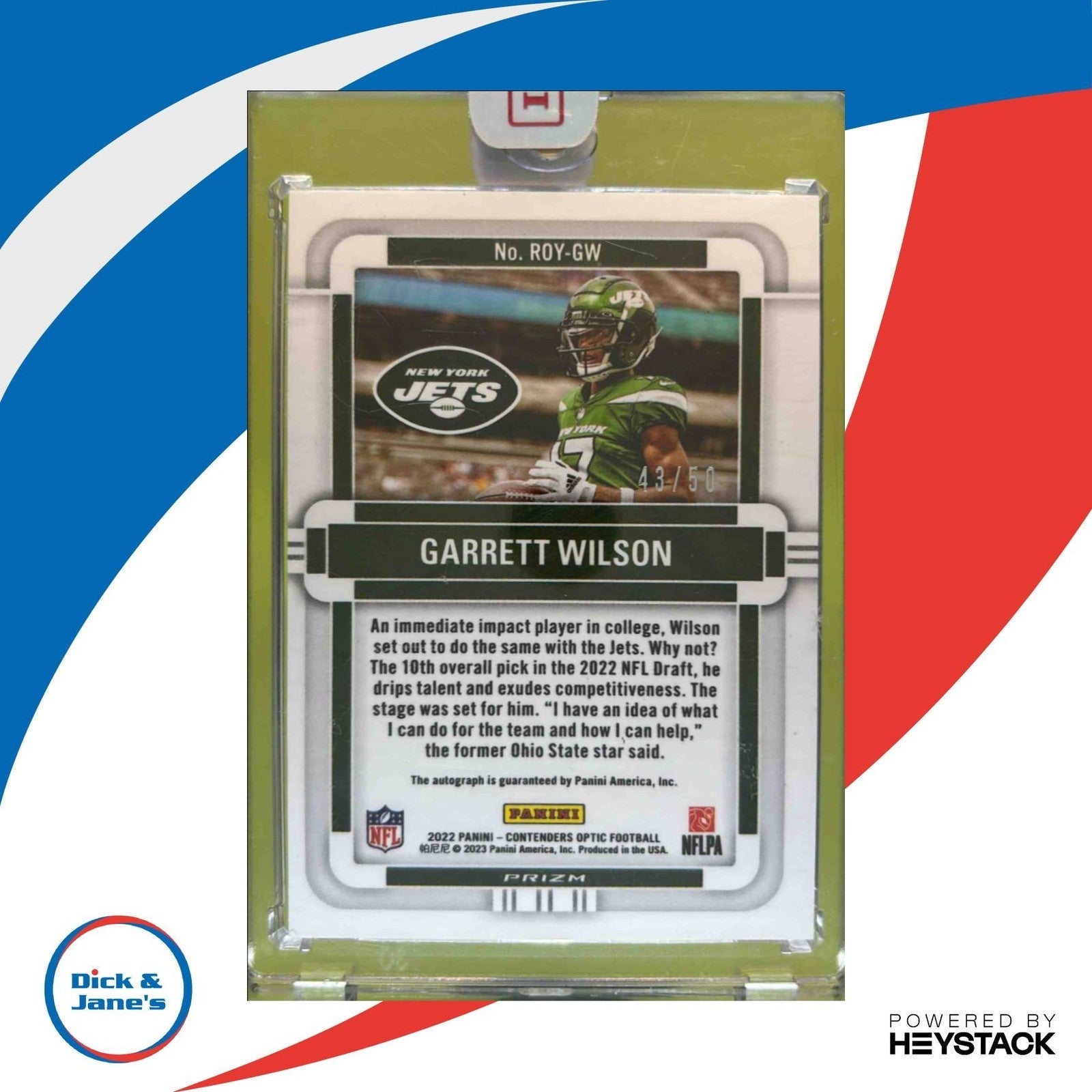 2022 Contenders Optic Garrett Wilson Rookie of the Year Blue /50 Auto RC Jets - Sports Cards