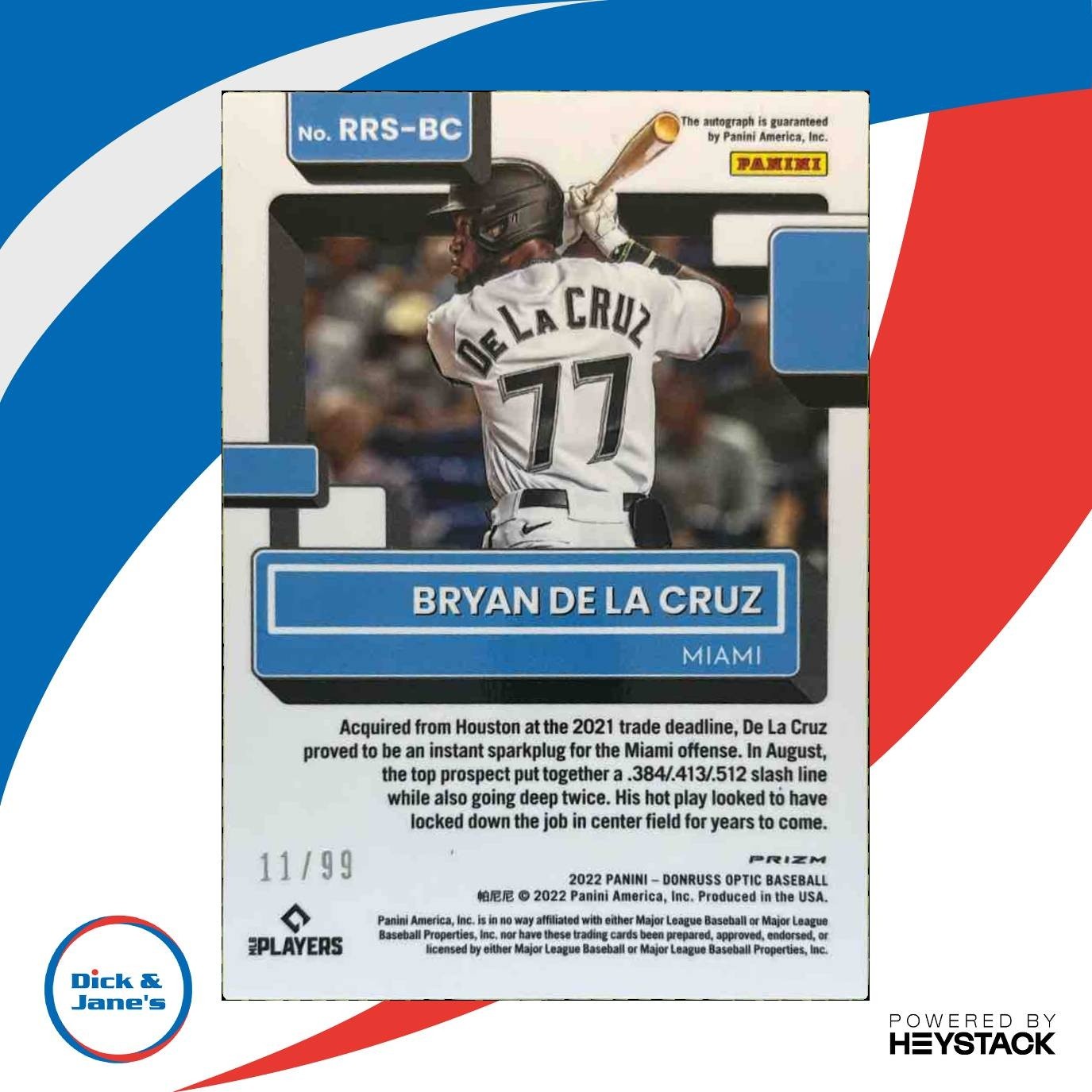 2022 Donruss Optic Bryan De La Cruz Green Auto /99 RC Miami Marlins - Sports Cards