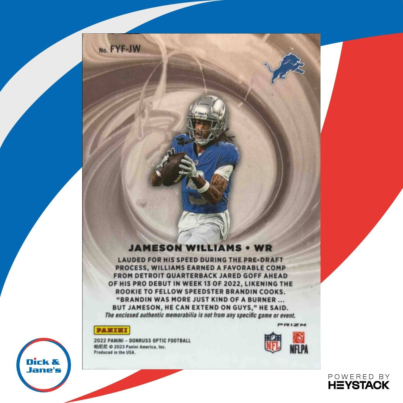 2022 Donruss Optic Jameson Williams First Year Fresh Blue Hyper MEM RC Lions - Sports Cards